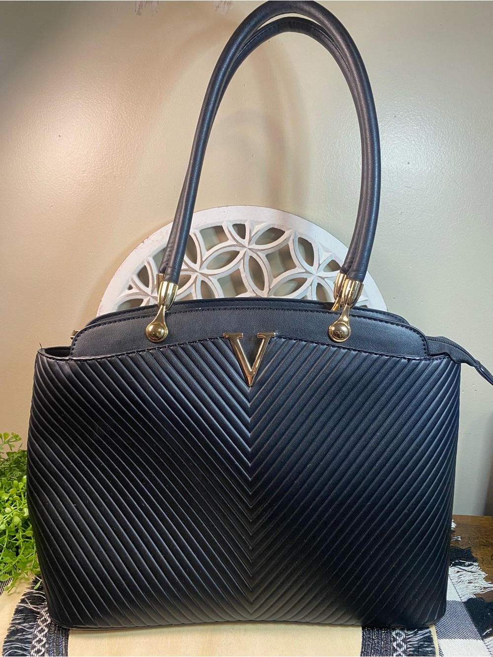 Quilted Chevron Shoulder Bag in Black with Gold Accent Like New Condition